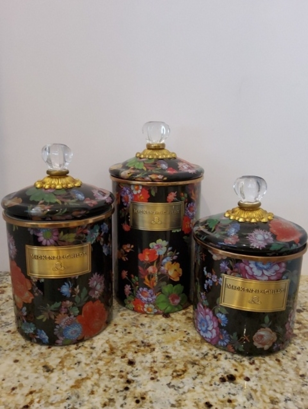 MacKenzie-Childs Black Flower Market Canister Trio